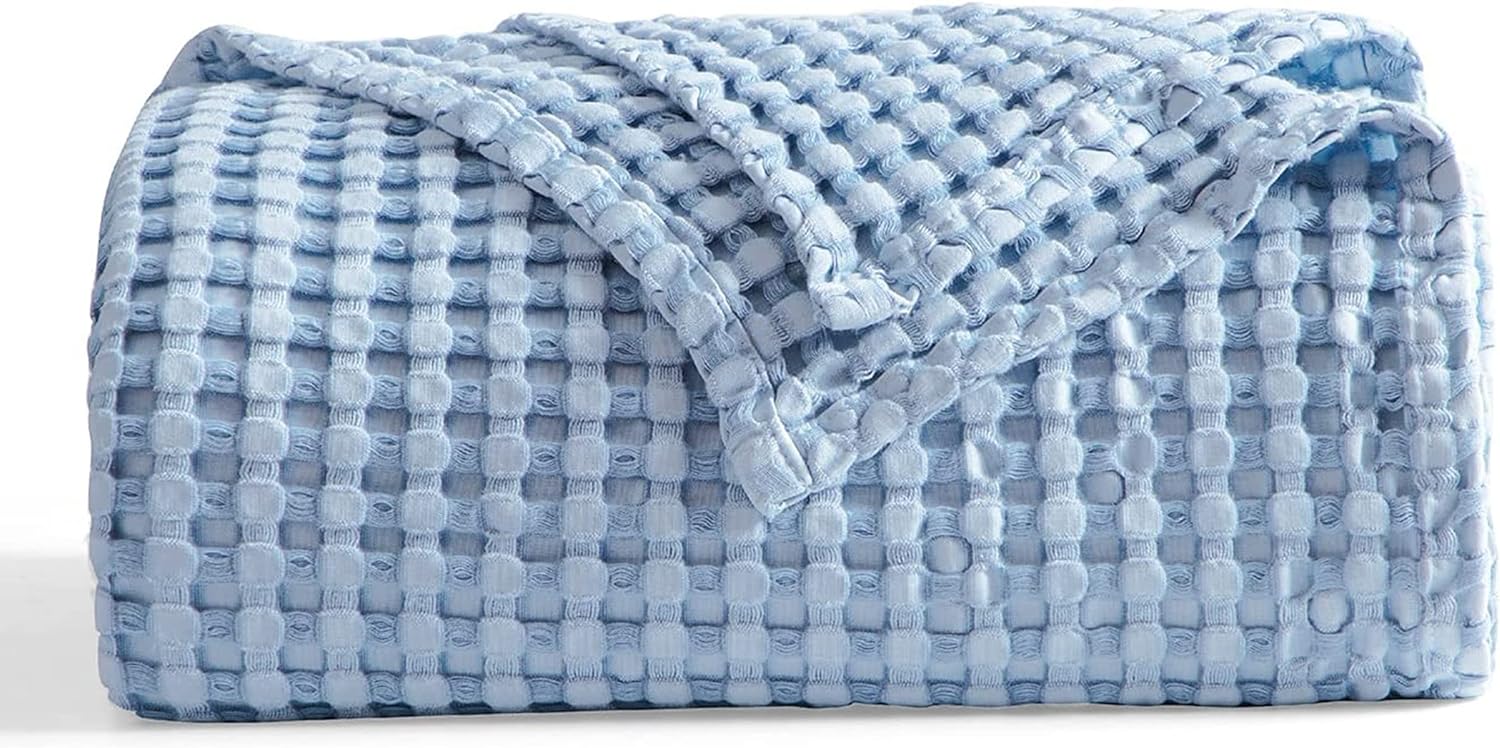 Bedsure Cooling Cotton Waffle Queen Size Blanket - Lightweight Breathable Blanket of Rayon Derived from Bamboo for Hot Sleepers, Luxury Throws for Bed, Couch and Sofa, Sky Blue, 90x90 Inches