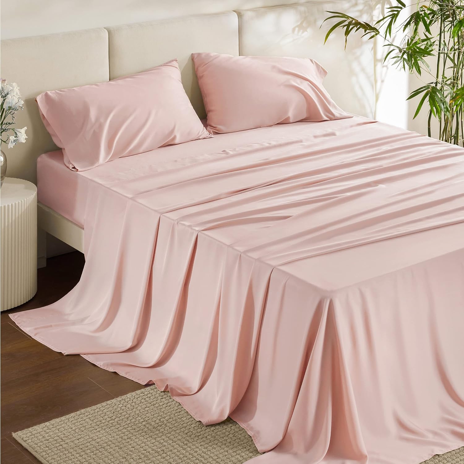 Bedsure King Size Sheet Set, Cooling Sheets King, Rayon Derived from Bamboo, Deep Pocket Up to 16, Breathable & Soft Bed Sheets, Hotel Luxury Silky Bedding Sheets & Pillowcases, Pink