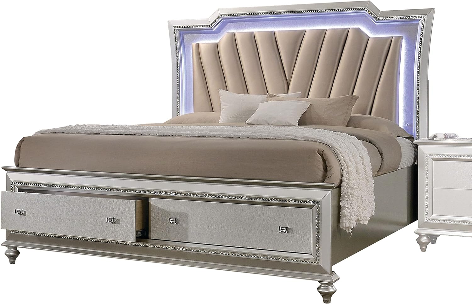 Acme Kaitlyn Faux Leather Upholstered Eastern King Storage Bed with LED in White