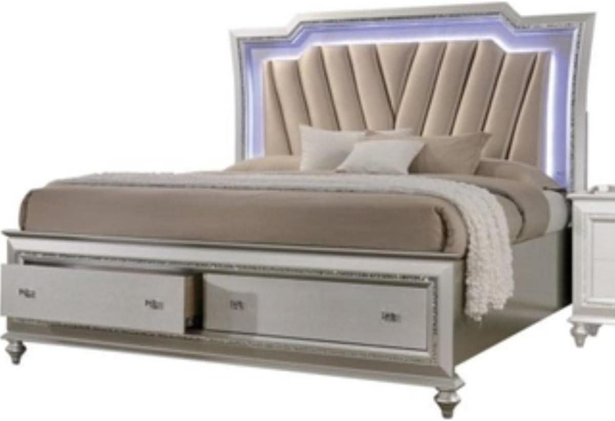 Acme Kaitlyn Faux Leather California King Storage Bed with LED in White