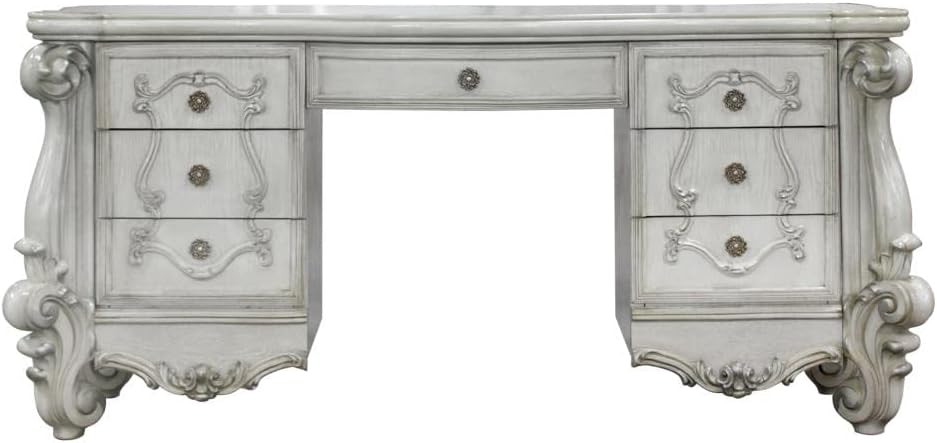 Acme Versailles 7-Drawer Wood Vanity Desk in Bone and White