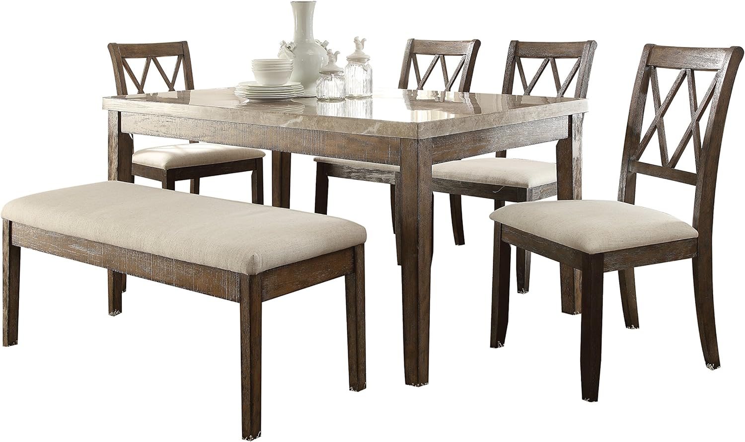 ACME Furniture Claudia Dining Table, White Marble/Salvage Brown