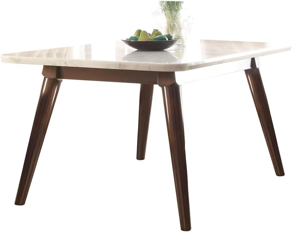 Acme Gasha Rectangular Marble Top Dining Table in White and Walnut