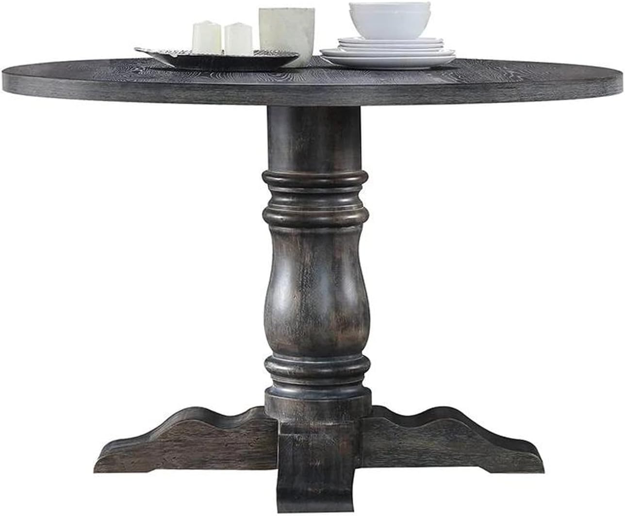 Acme Wallace 47 Round Pedestal Dining Table in Weathered Gray