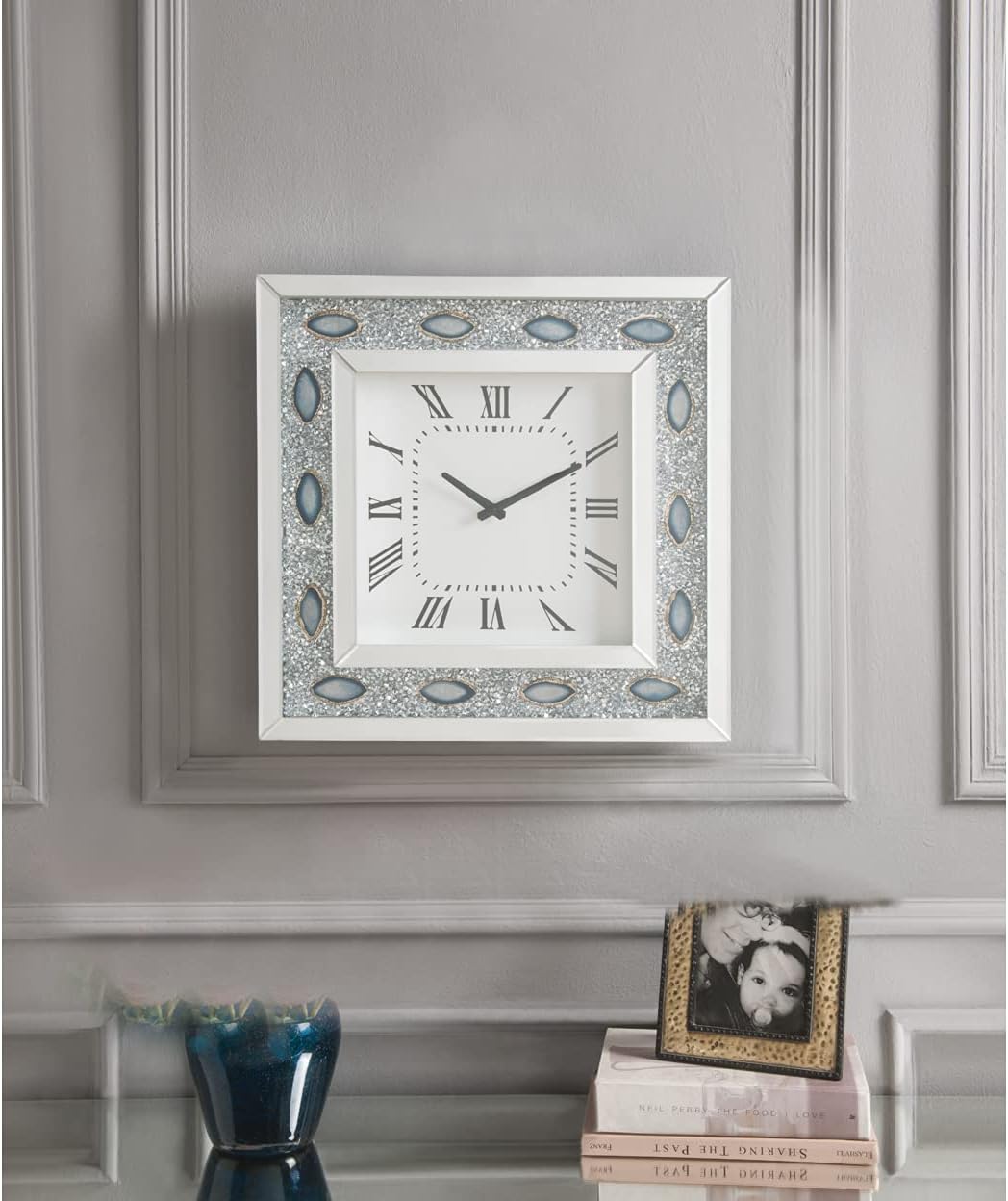 Acme Sonia Square Wall Clock with Faux Agate Inlay Frame in Mirrored