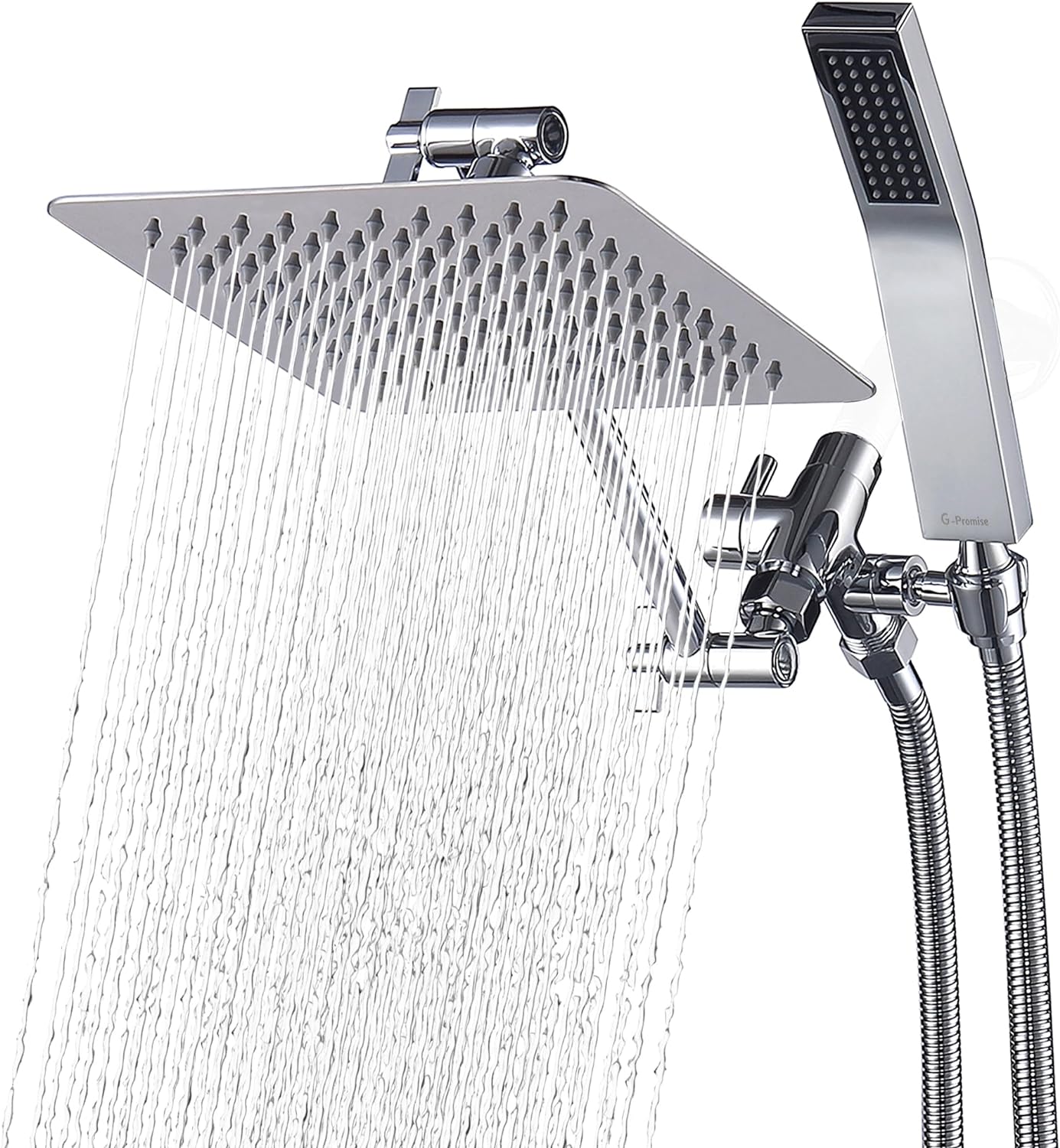 G-Promise All Metal Dual Square Rain Shower Head Combo - 8 | Handheld Shower Wand with 71 Extra Long Flexible Hose | Smooth 3-Way Diverter | Adjustable Extension Arm - A Bathroom Upgrade