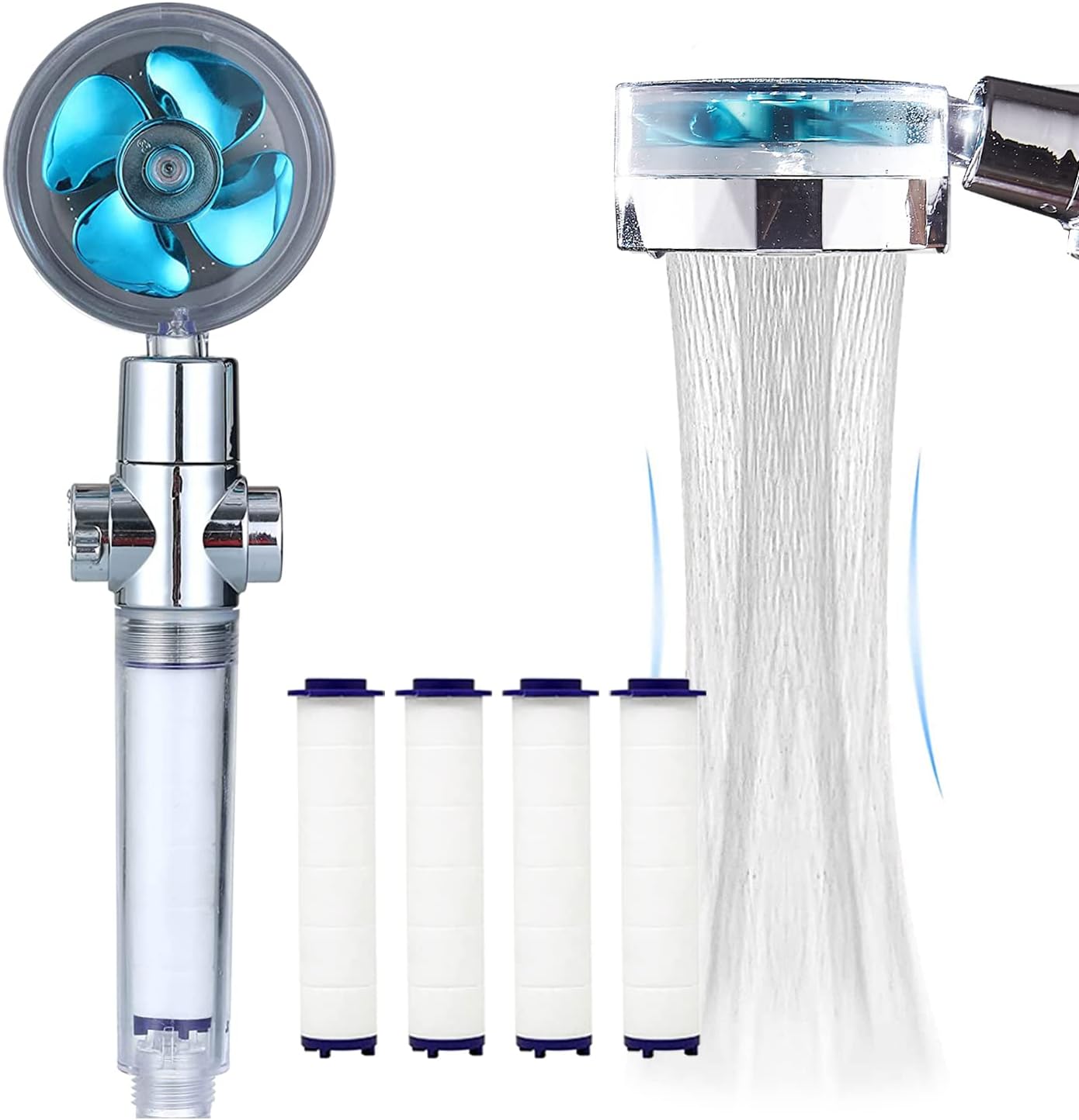 ANTOWER High Pressure Handheld Showerhead with filters Vortex hydro jet Turbo Propeller 360 Degrees Rotating Easy Install(I-Blue)