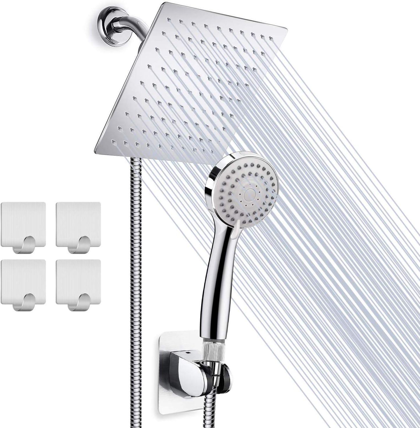 Shower Head Set, High Pressure 8'' Rainfall Stainless Steel Shower Head/Handheld Combo with 60'' Hose Anti-leak Shower Head with Holder, Flow Regulator, Chrome, 4 Shower Hooks ( Sliver)