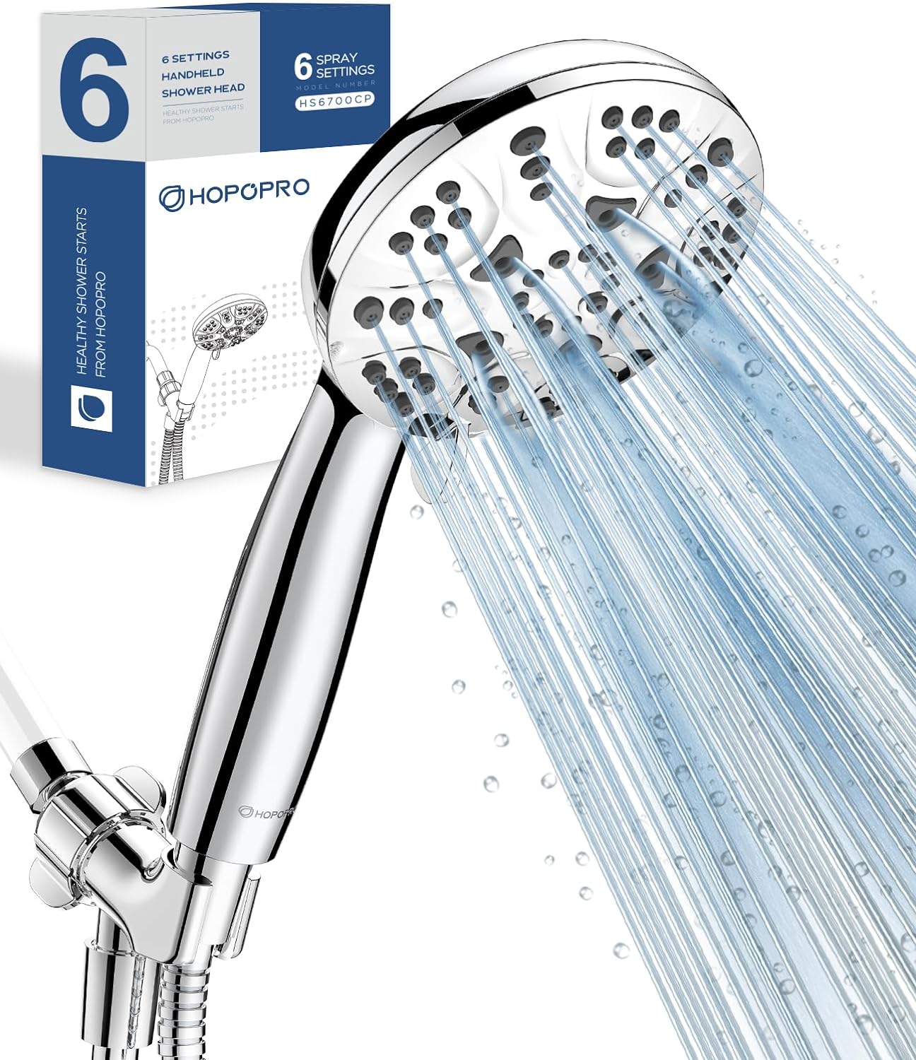 6-Mode High Pressure Handheld Shower Head Set, Consumer Reports Recommended HOPOPRO High Flow Hand Held Showerhead with 59 Inch Hose Bracket Teflon Tape Rubber Washers