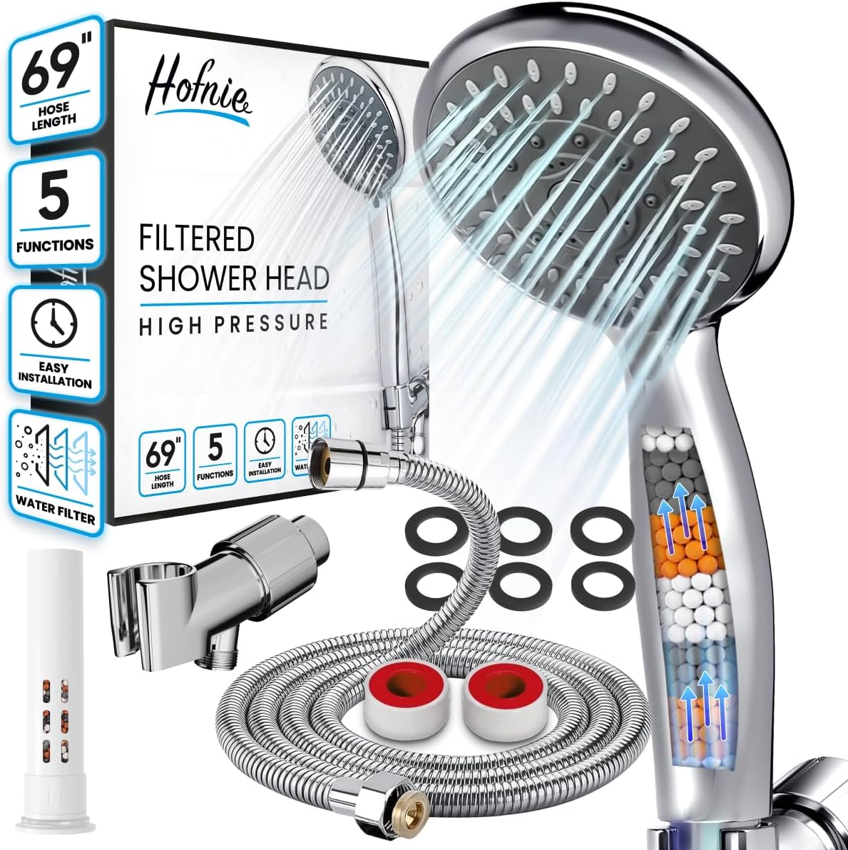 Filtered Shower Head with Handheld, Shower Heads High Pressure 5 Spray Modes, 3 Stage Hard Water Shower Filter with Stainless Steel Hose, Adjective Bracket, Water Softener Shower Head Filters