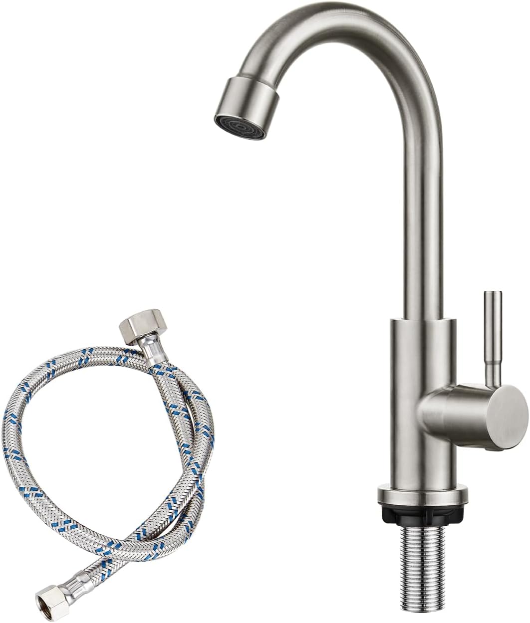 Cold Water Only Kitchen Faucet Single Handle 1 Hole 360 Degree Swivel Spout Deck Mount SUS304 Stainless Steel Sink Bar Tap Goose Neck(Drain Not Included),8.3inch, Brushed Nickel