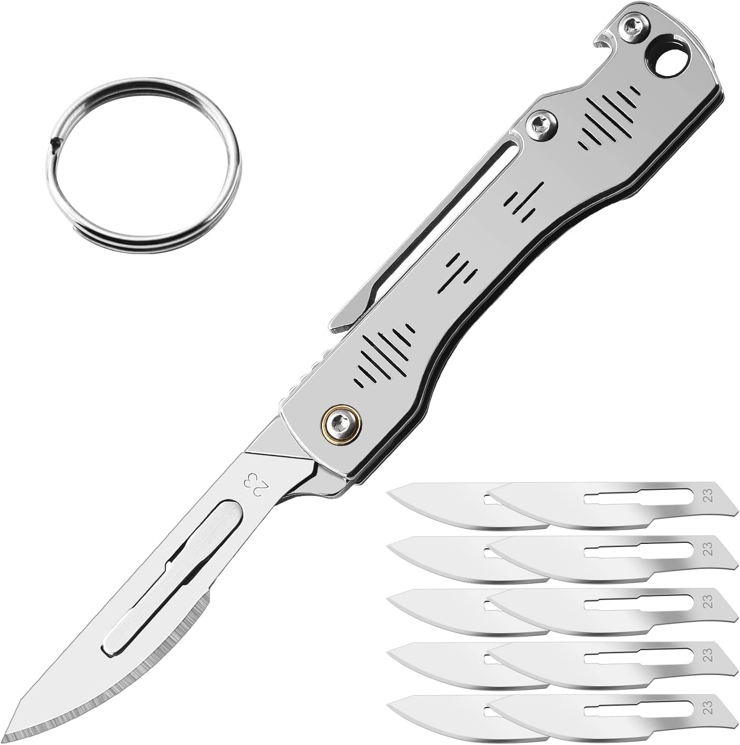 Pocket Knife for Men, Scalpel Knife with Clip, EDC Utility knife, Slim Razor Knife with 10pcs #23 Replaceable Blades, Bottle Opener, Surgical Keychain Knives for Outdoor Skinning (#23 sliver)