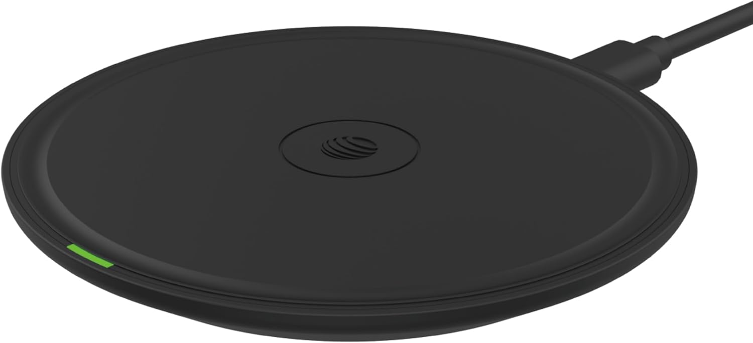 AT&T 15W Qi Certified Case-Friendly Wireless Charging Pad for Apple iPhone, Google Pixel, and Samsung Galaxy (Black) with Type C to C Cable