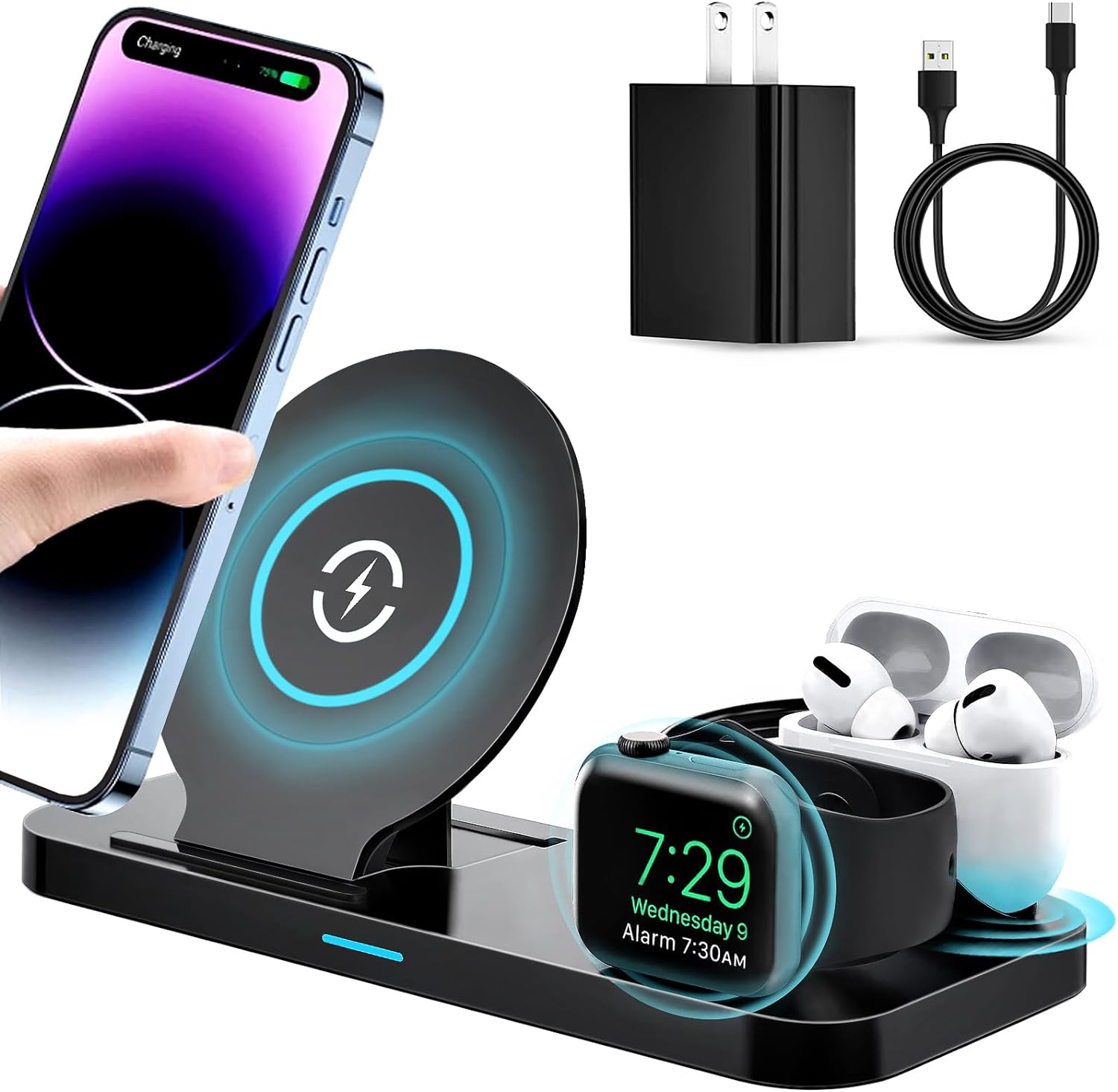 Wireless Charger, Fulsren 3 in 1 Qi-Certified Fast Charging Station Compatible Apple Watch & AirPods, iPhone 15/14/13/12/11/11Pro/11Pro Max/X/XS/XS/XR/8/8Plus, Qi-Enabled Andriod Phone(QC3.0 Adapter)