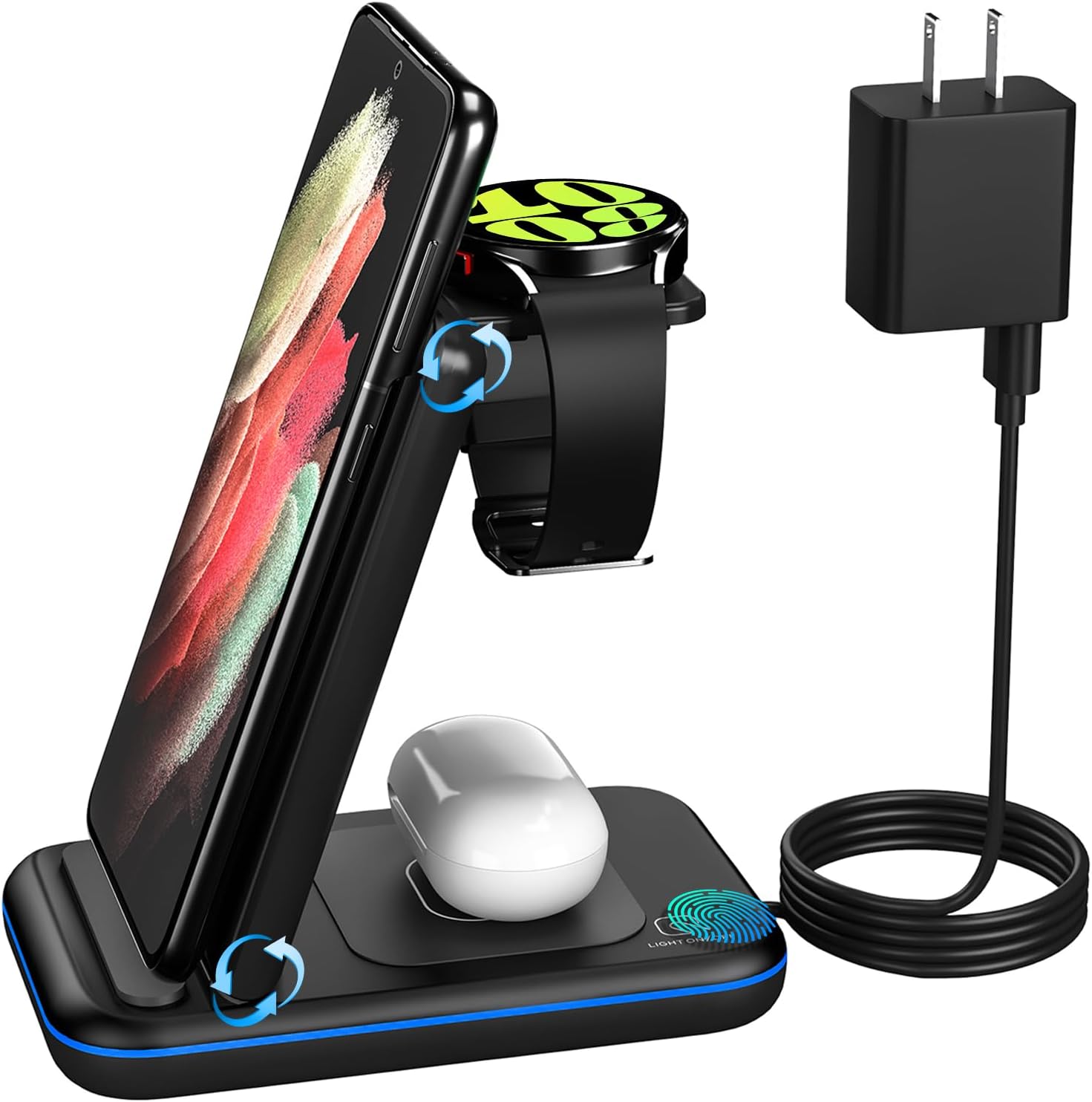 Wireless Charger for Samsung/Android, HOLYJOY Foldable 3 in 1 Fast Charging Station/Stand/Multi Charger for Samsung S24/S23/S22/Note 20, Travel Pad for Galaxy Watch 6/5/4/3/Active 2, for Buds(Black)