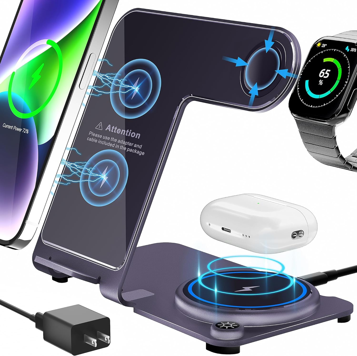 Wireless Charger, Aluminum Alloy Wireless Charging Station 3 in 1 Wireless Fast Charger Stand Charging for iPhone 15/14/13/12/11/Pro/Max/XS/XR/X/8, iWatch9/8/7/6/5/4/3/2/SE, Airpods Pro/3/2/1(Purple)