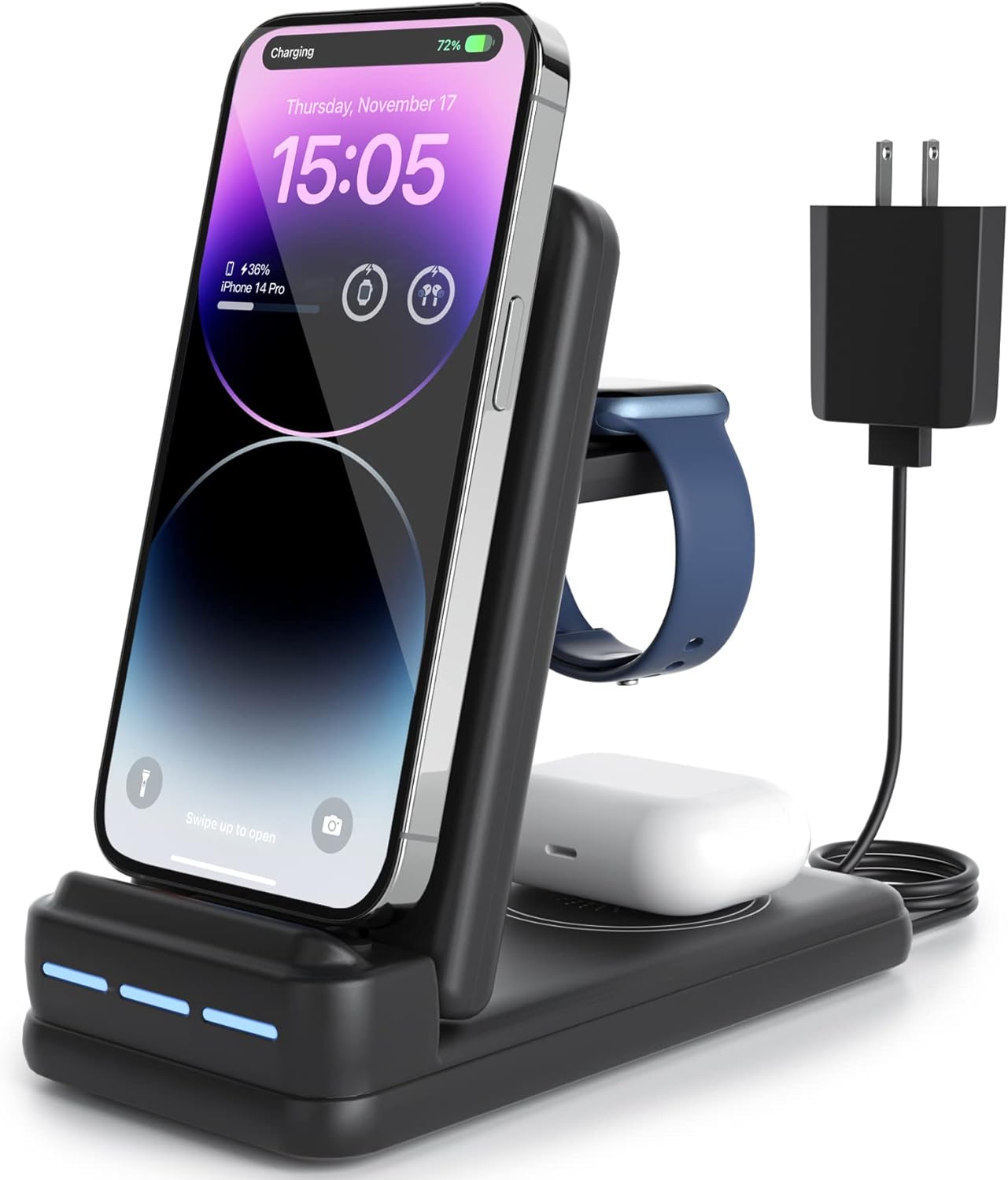 DNTGVUP 3 in 1 Charging Station for Apple - Foldable Wireless Charger for iPhone15/14/13/12/Pro/Plus/11/XS/XR/X/8, Charger Stand Compatible with Apple Watch S2-S7/SE (Black)