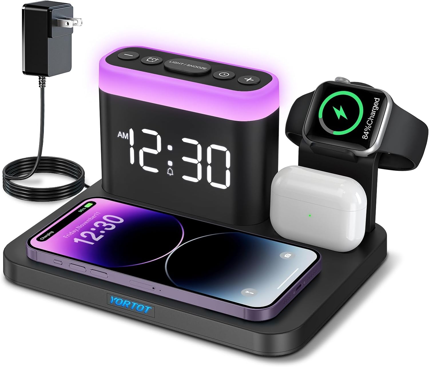 Wireless Charging Station, 5 in 1 Wireless Charger Stand with Alarm Clock, 7 Night Lights, Charging Dock for iPhone15/14/13/12/11/Pro/Max/XR/Samsung Phone, Apple Watch 9/8/7/6/5/SE, AirPods/3/2/1