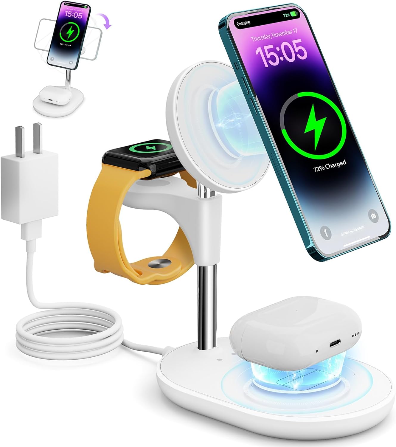 Wireless Charging Station for Multiple Devices Apple, 3 in 1 Wireless Charger Stand Mage-Safe Charger for iPhone 15 14 13 12 Pro Max/Plus/Pro Apple Watch AirPods (White)