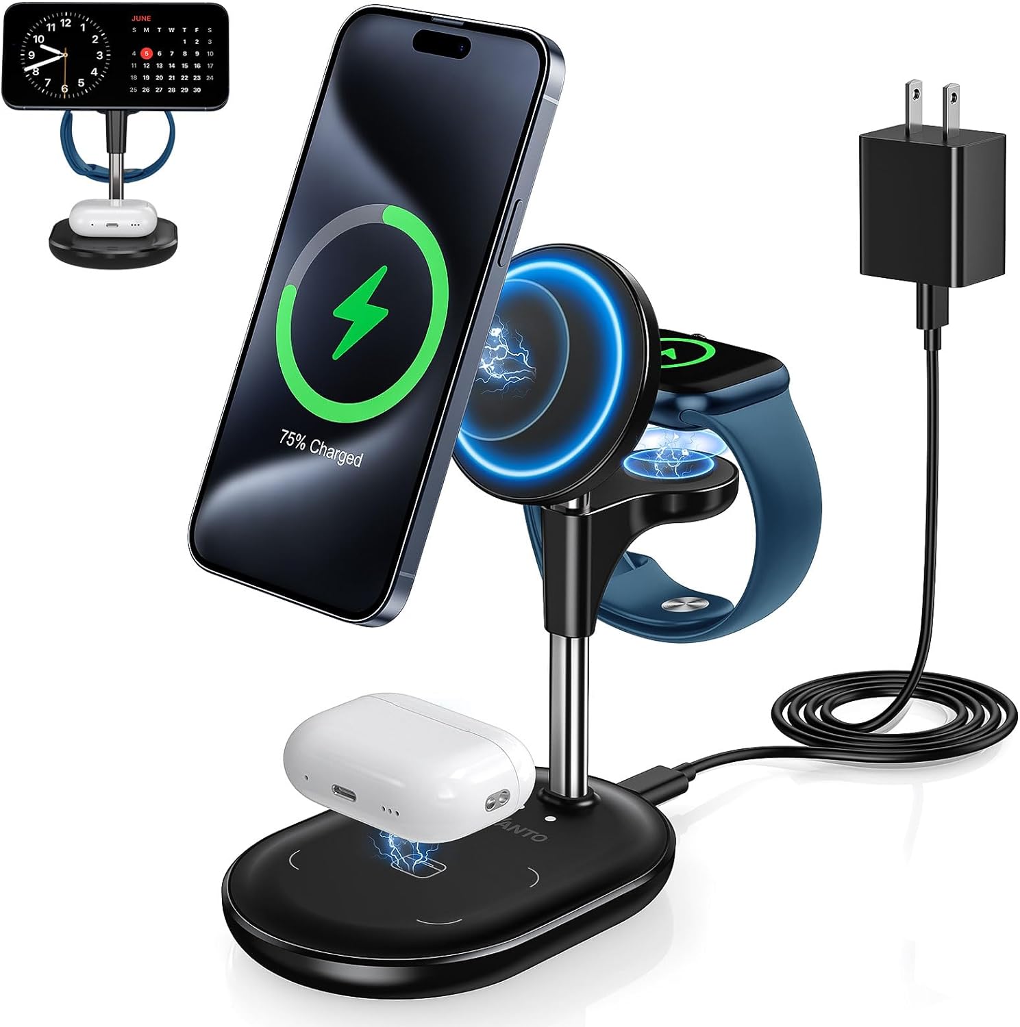 3 in 1 Wireless Charging Station for Apple MagSafe Charger, 15W Fast Magnetic Mag-Safe Charger Stand for iPhone 15 14 13 12 Series Apple Watch AirPods Multiple Devices,Adjustable Angle, Gifts for Men