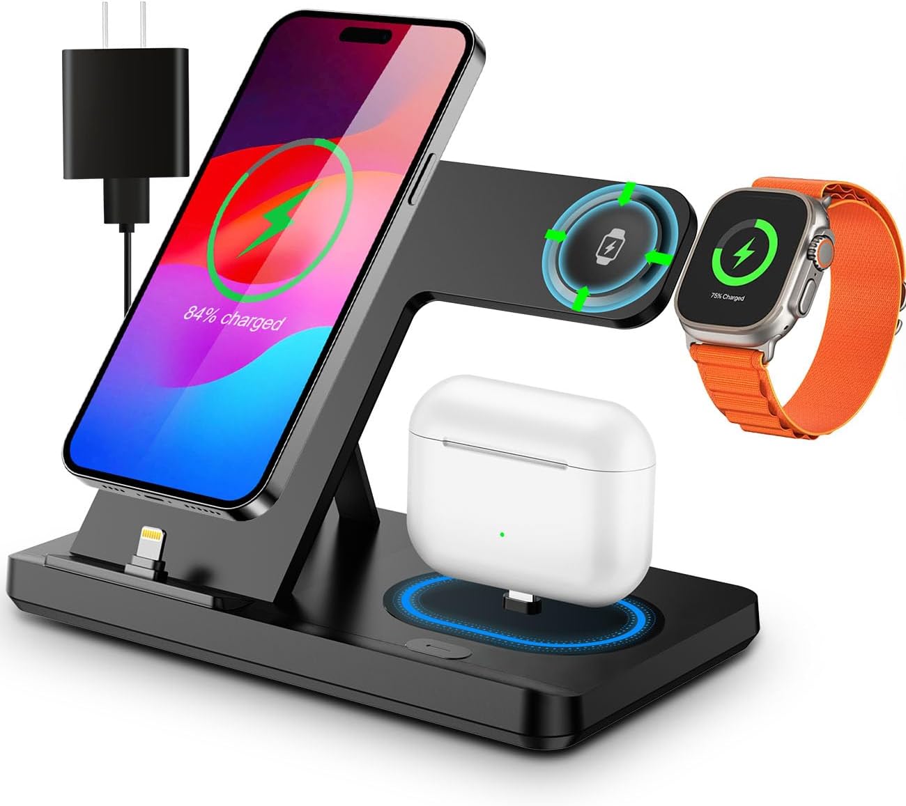 Charging Station for iPhone Multiple Devices, Foldable 3 in 1 Fast Charging Stand Dock for AirPods & iPhone 14 13 12 11 Pro X Max XS XR 8 7 Plus 6, Apple Watch Charger for Apple Watch with Adapter