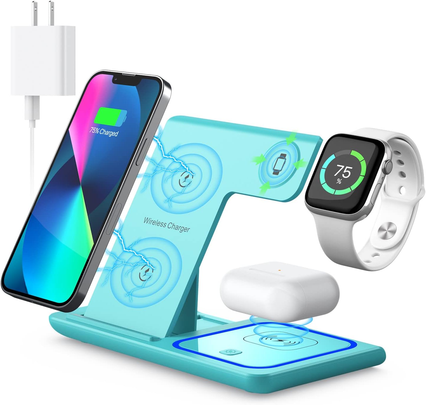 Wireless Charging Station, 3 in 1 Wireless Charger Stand, Fast Wireless Charging Dock for iPhone 15 14 13 12 11 Pro X Max XS XR 8 Plus, Apple Watch 8 7 6 5 4 3 2 SE, Airpods 3 2 Pro(Green)