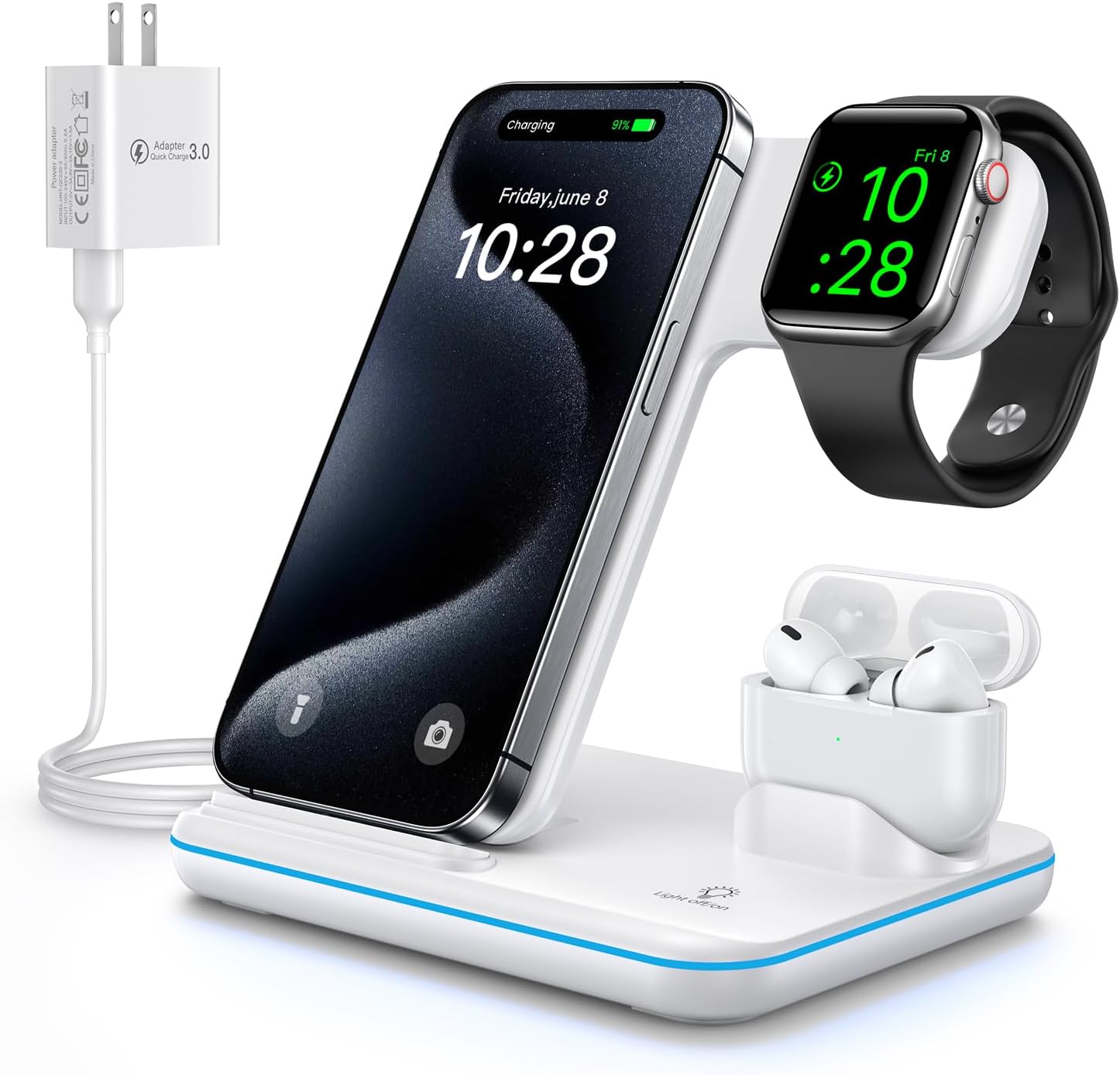 WAITIEE Wireless Charger 3 in 1, 15W Fast Charging Station for Apple Watch 9/8/Ultra 2/Ultra/SE/7/6/5/4/3/2, for AirPods 3/2/1/Pro/Pro 2, for iPhone 15/14/13 /Plus/Pro/Pro Max/12/11/X/Xr/XS/8 (White)