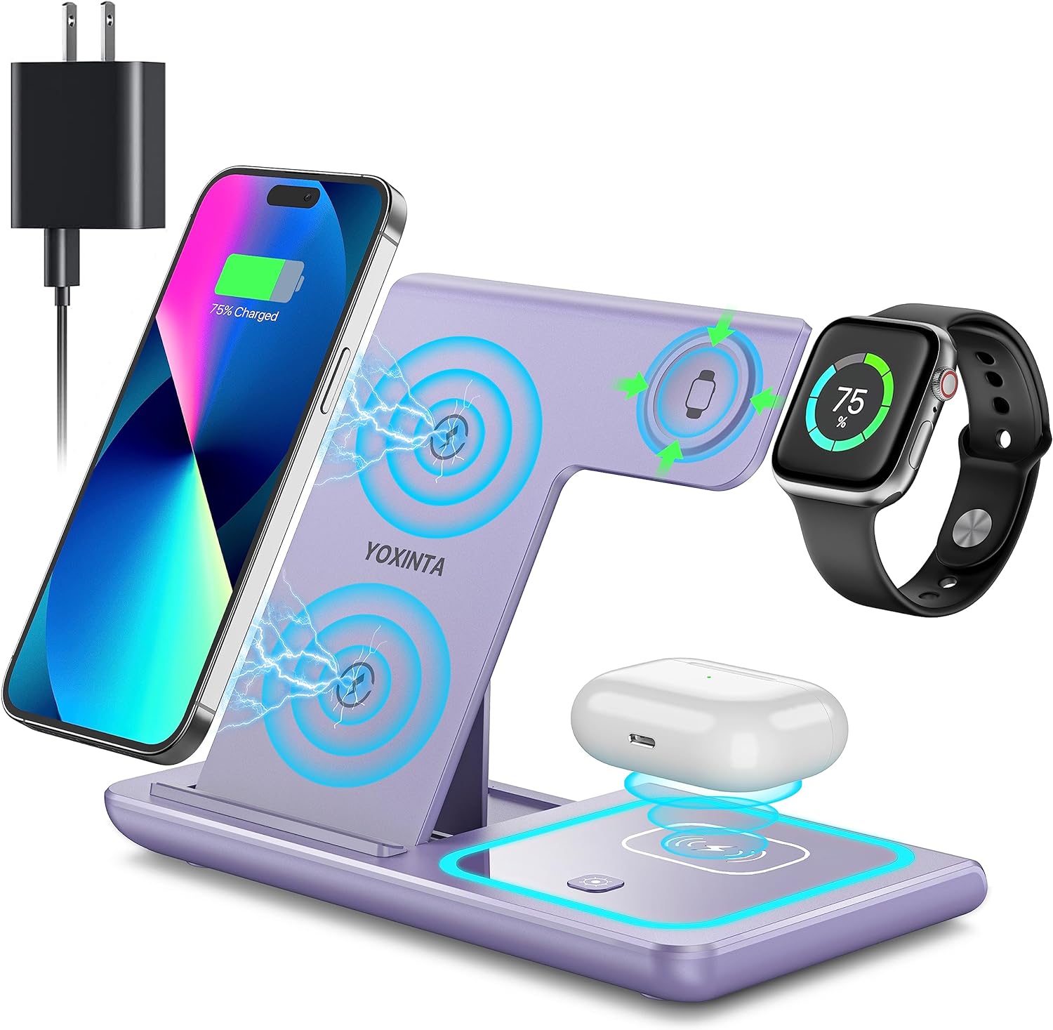 Charging Station for Multiple Devices, Wireless Charger 3 in 1, Wireless Charging for iPhone 15 14 13 12 11 Pro Max XR XS 8 Plus, for Apple Watch 8/7/6/5/4/3/2/SE, for Airpods 3/2/Pro (Purple)