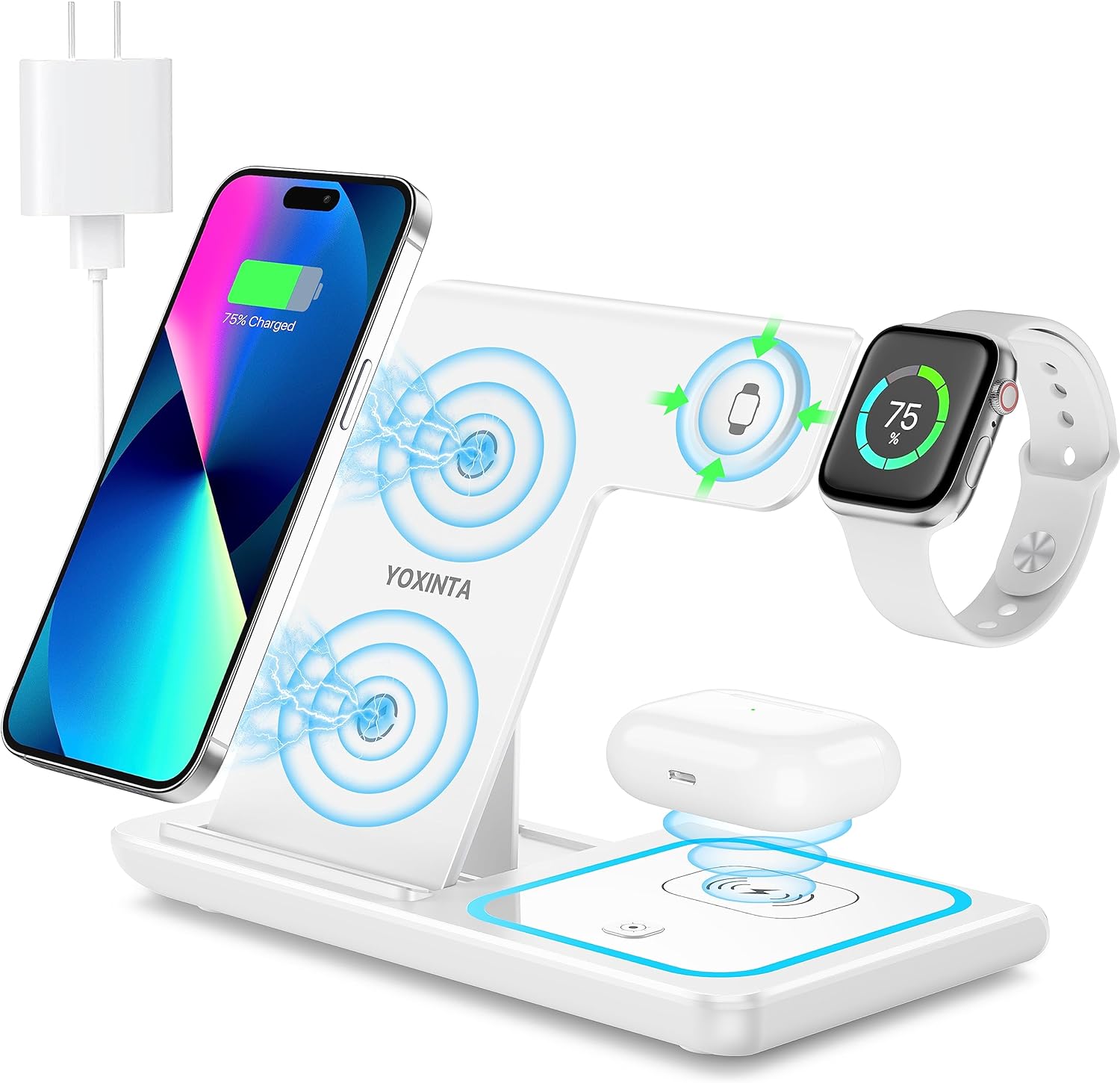 Wireless Charging Station, 3 in 1 Wireless Charger Stand, Fast Wireless Charging for iPhone 15 14 13 12 11Pro Max XR XS 8 Plus, for Apple Watch 8 7 6 5 4 3 2 SE, for Airpods 3 2 Pro(White)