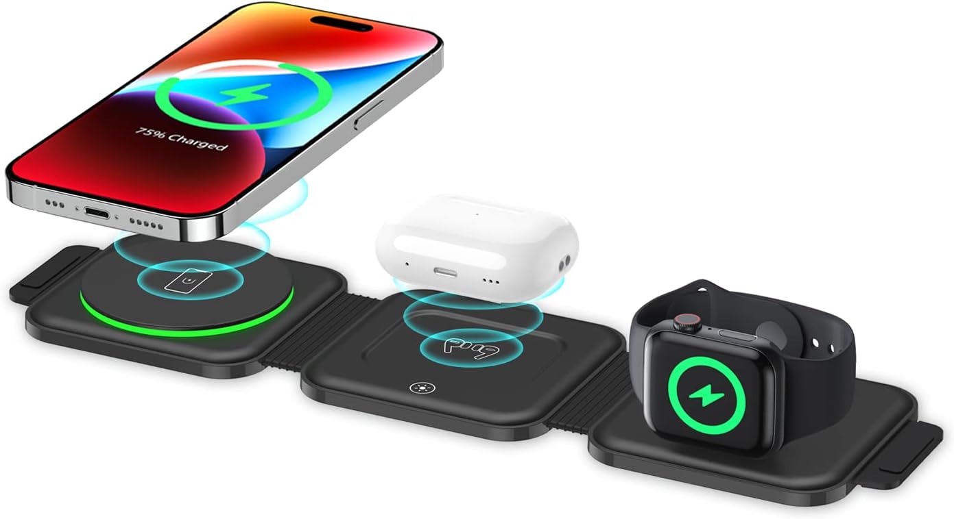 Wireless Charging Station,Foldable 3 in 1 Travel Wireless Charger,Fast Mag-Safe Charger for iPhone 14/13/12,AirPods 2/3/Pro,for Apple Watch(with Adapter)