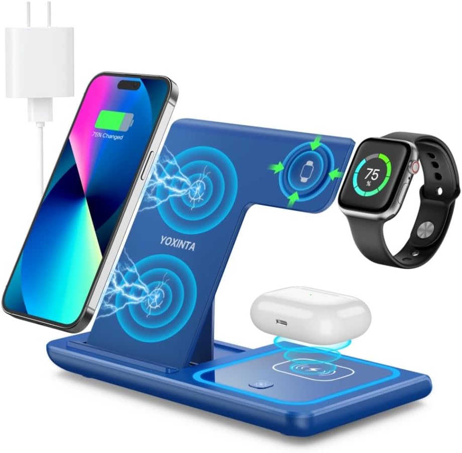 Wireless Charging Station, Wireless Charging Station for Multiple Devices for iPhone 15 14 13 12 11 Pro XR XS 8 Plus, for Apple Watch Ultra SE 8 7 6 5 4 3 2, AirPods Pro 3 2 (Dark Blue)