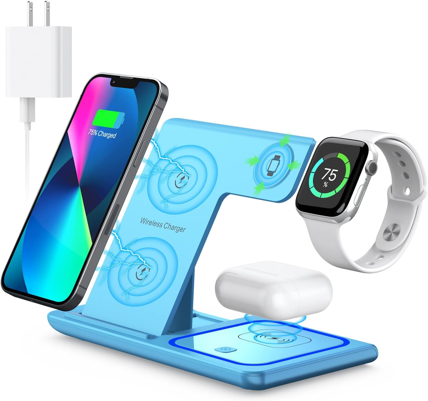 Wireless Charging Station, 3 in 1 Wireless Charger Stand, Fast Wireless Charging Dock for iPhone15 14 13 12 11 Pro/X/Max/XS/XR/8/Plus, for Apple Watch8/7/6/5/4/3/2/SE, for Airpods 3/2/Pro(Blue)