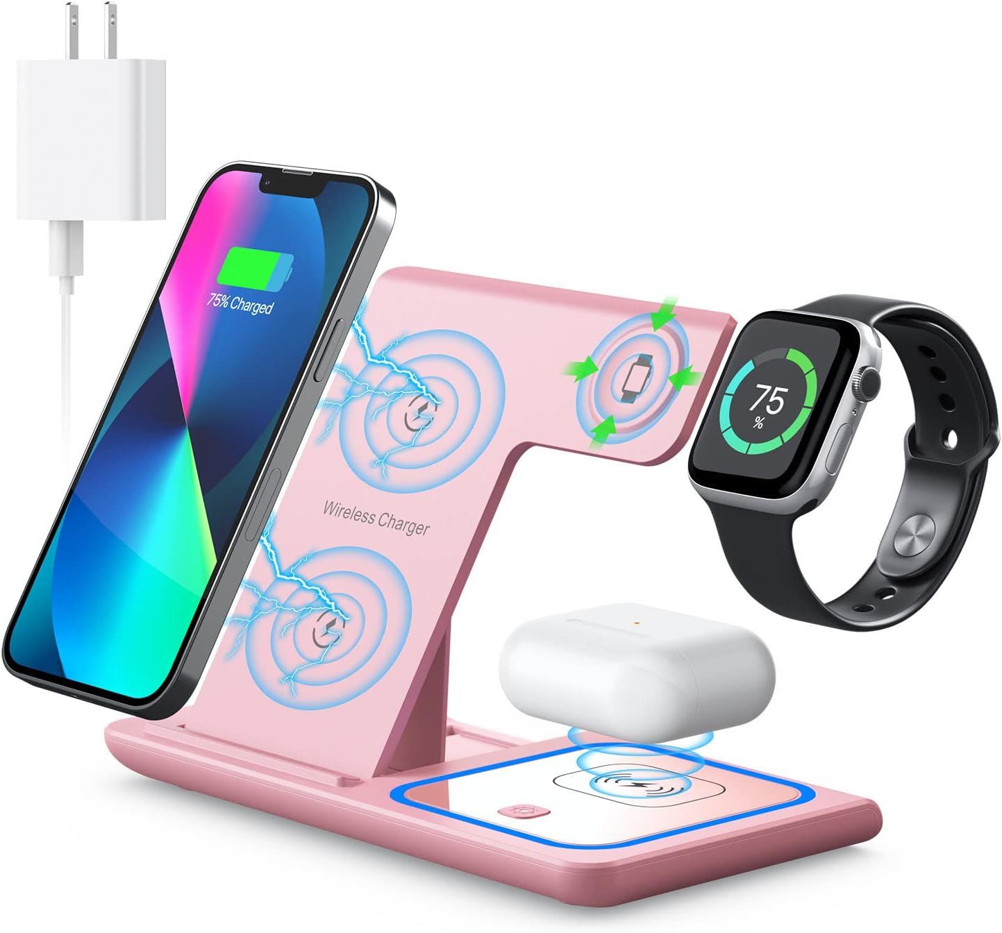 Wireless Charging Station, 3 in 1 Wireless Charger Stand, Fast Wireless Charging for iPhone 15 14 13 12 11 Pro Max XR XS 8 Plus, for Apple Watch 8/7/6/5/4/3/2/SE,for Airpods 3/2/Pro(Pink)