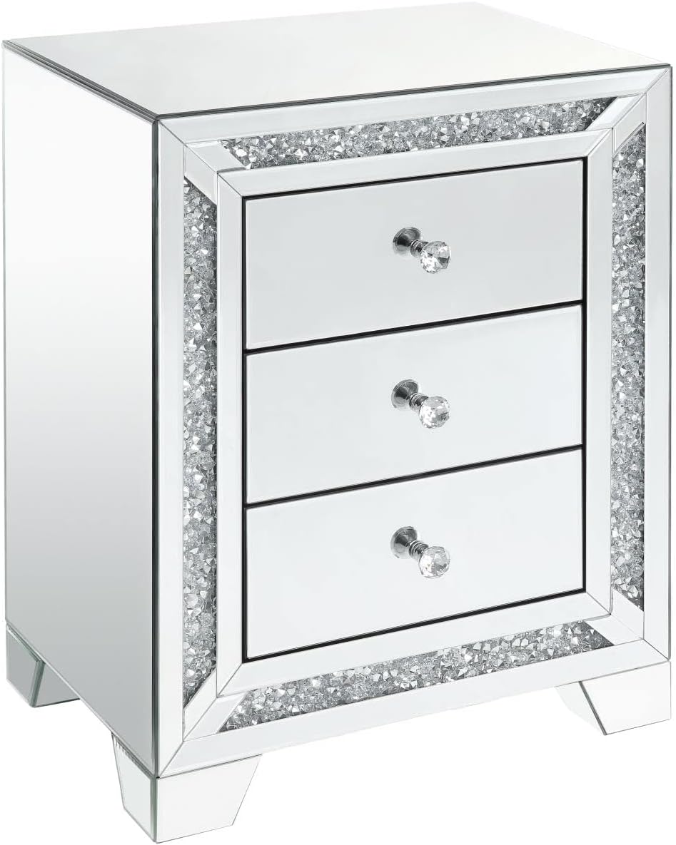 Acme Noralie 3-Drawer Accent Table in Mirrored and Faux Diamonds