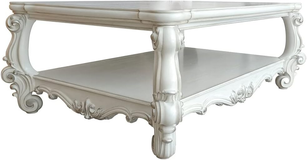 Acme Versailles Rectangular Wood Coffee Table with Bottom Shelf in Bone White