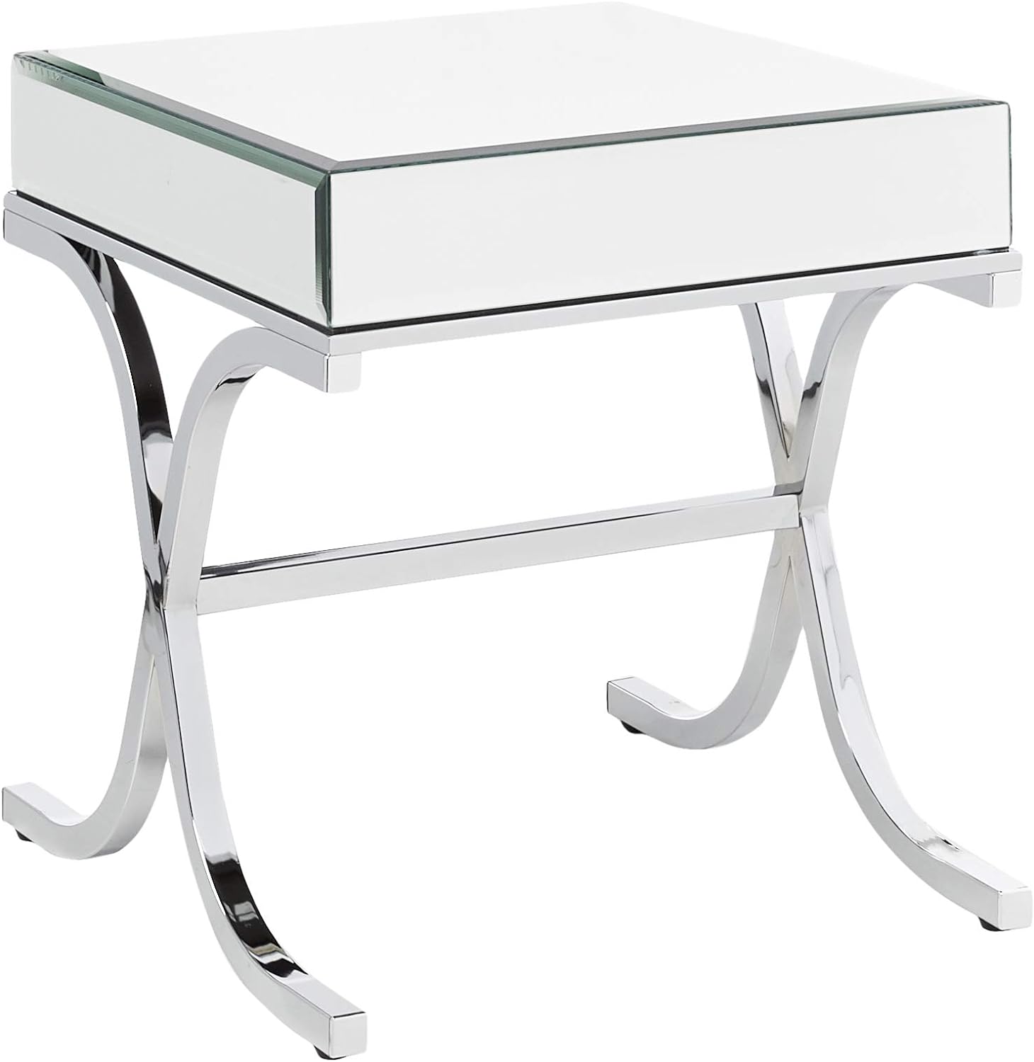 Acme Yuri Square Mirror Top Metal Tube End Table in Chrome