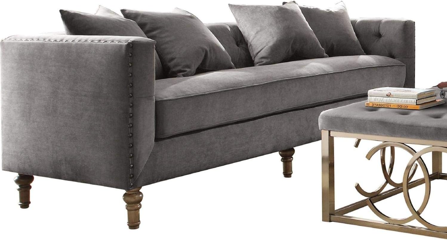 Acme Sidonia Velvet Tufted Sofa with 4 Pillows in Gray