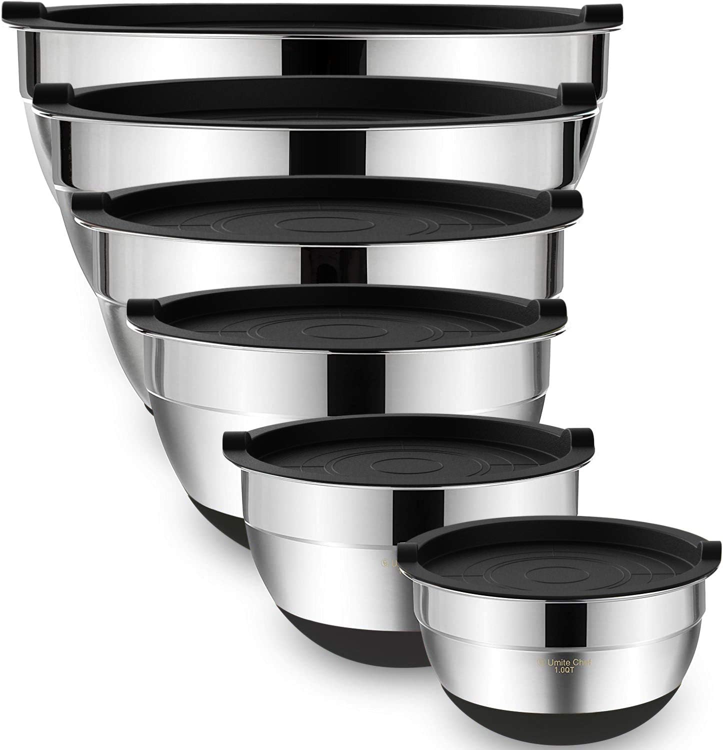 Umite Chef Mixing Bowls with Airtight Lids6 piece Stainless Steel Metal Nesting Storage Bowls, Non-Slip Bottoms Size 7, 3.5, 2.5, 2.0,1.5, 1QT, Great for Mixing & Serving(Black)