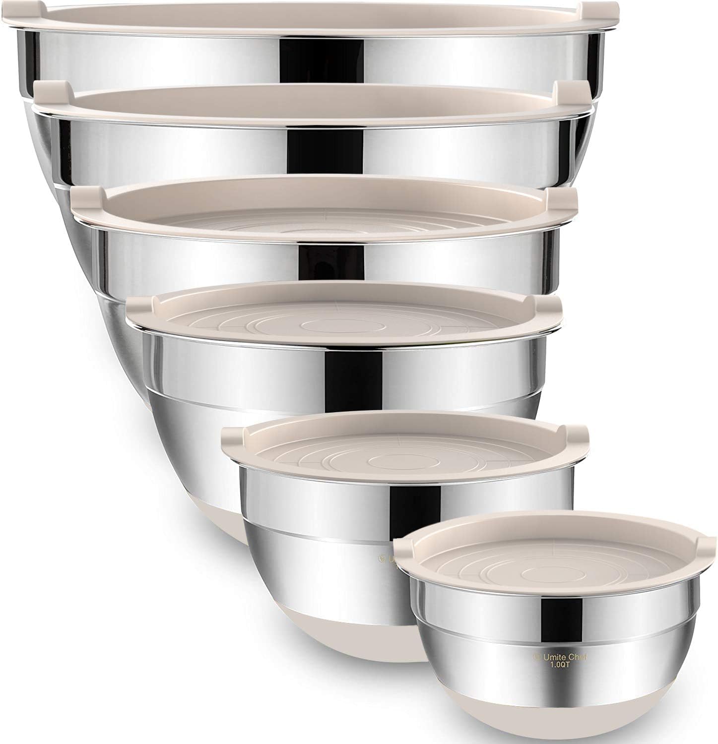 Umite Chef Mixing Bowls with Airtight Lids, 6 piece Stainless Steel Metal Nesting Storage Bowls, Non-Slip Bottoms Size 7, 3.5, 2.5, 2.0,1.5, 1QT, Great for Mixing & Serving (Khaki)