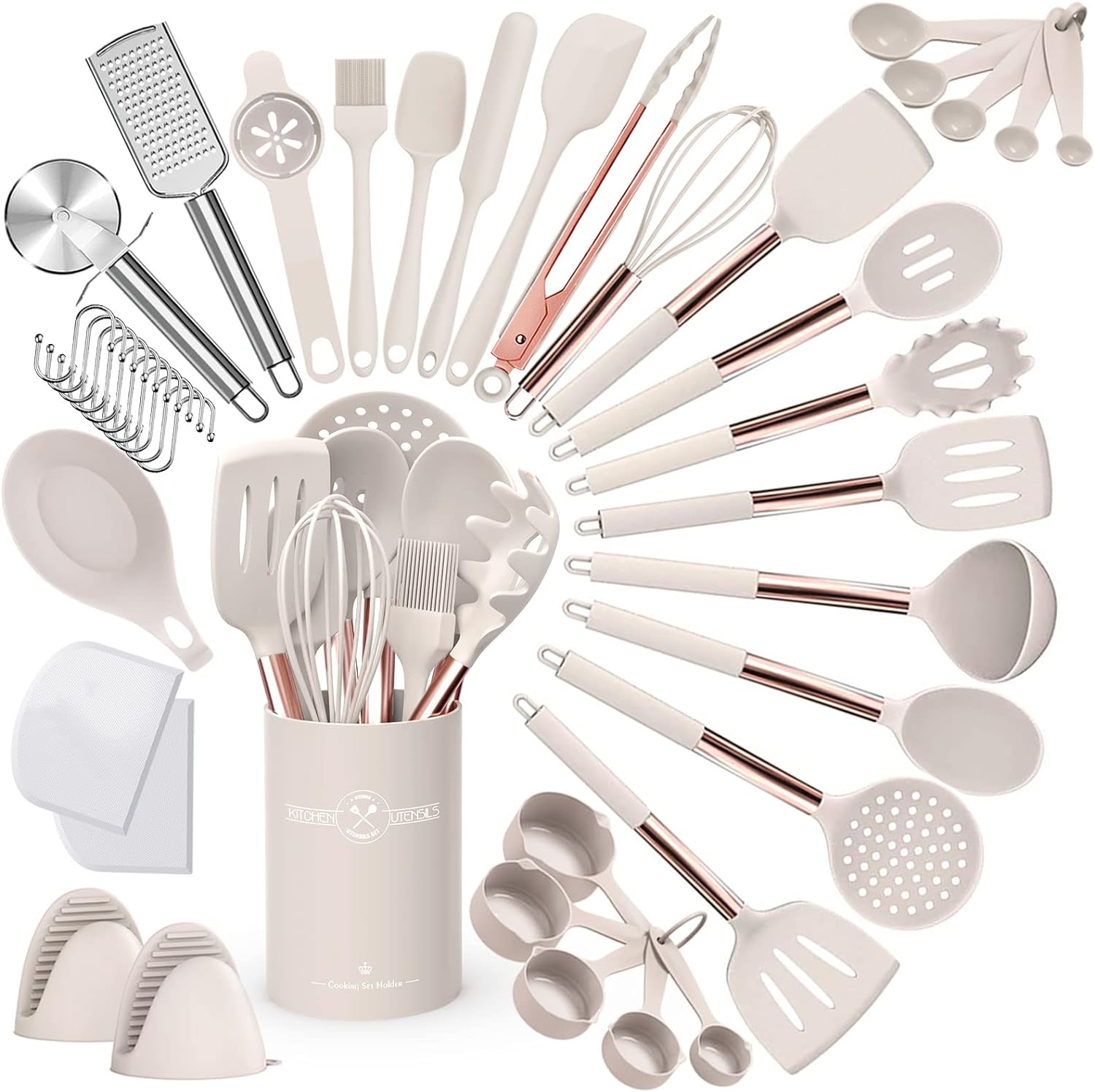 Umite Chef Silicone Kitchen Cooking Utensil Set, 43 pcs Spatula Utensils Set with Rose Gold Stainless Steel Handle, Non-stick Heat Resistant - Best Cookware Set-(Khaki)