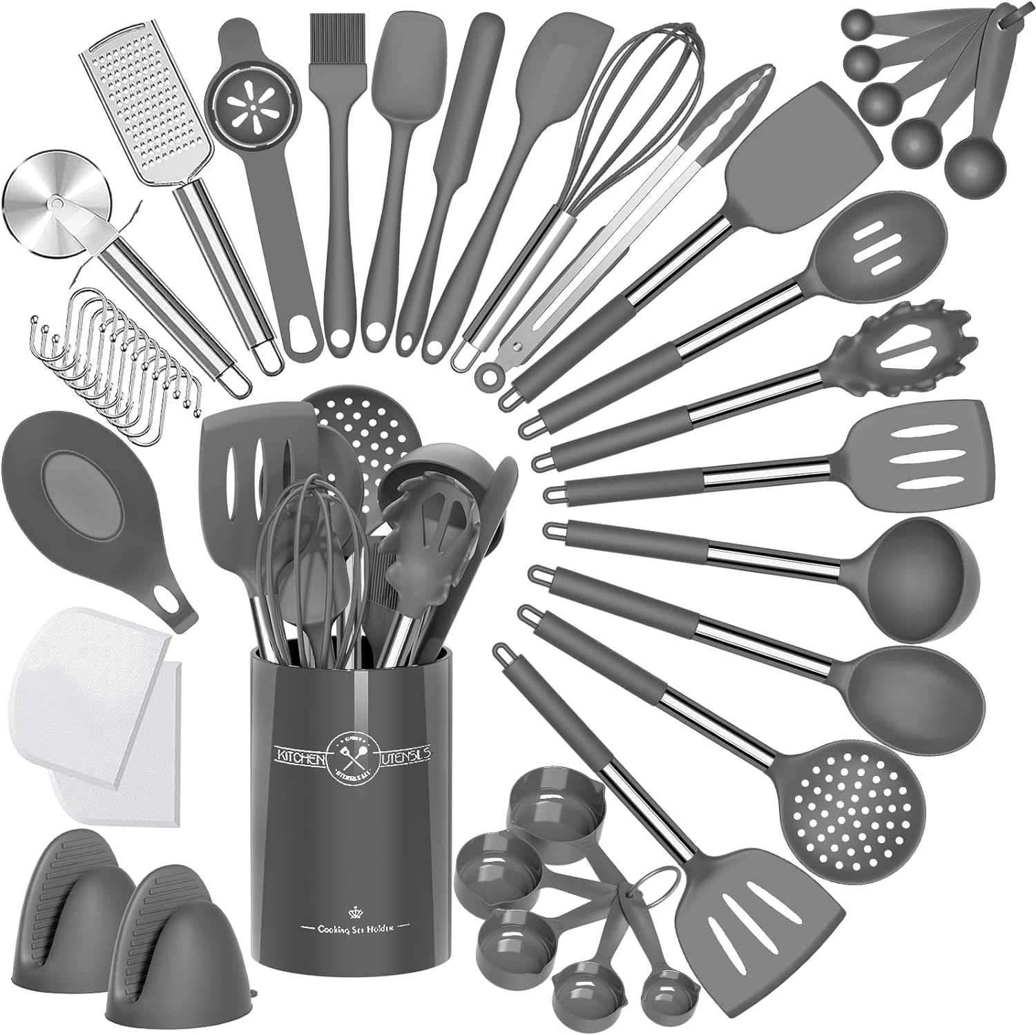 Umite Chef Silicone Kitchen Cooking Utensil Set, 43 pcs Silicone Spatula with Stainless Steel Handle, Non-stick Heat Resistant - Best Cookware (Grey)