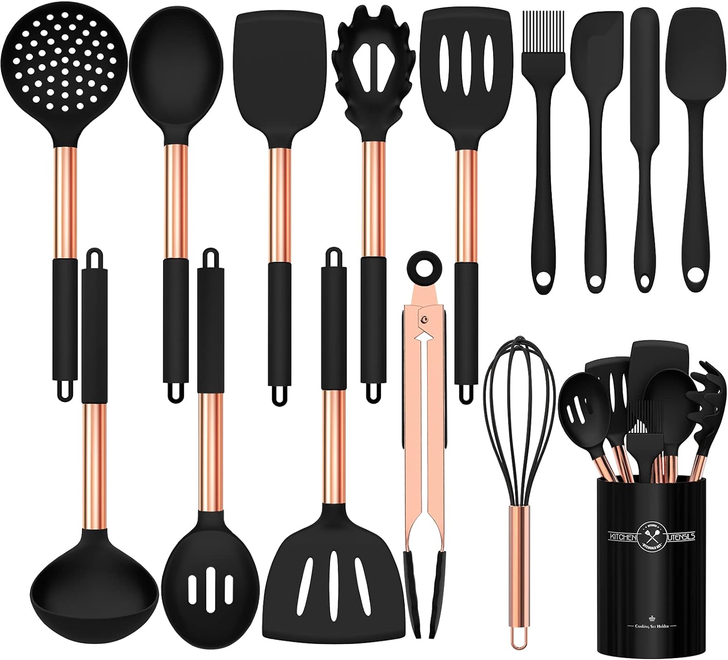 Silicone Cooking Utensil Set, Umite Chef Kitchen Utensils 15pcs Cooking Utensils Set Non-stick Silicone Rose Gold Handle Cooking Tools Whisk Kitchen Tools Set - Balck