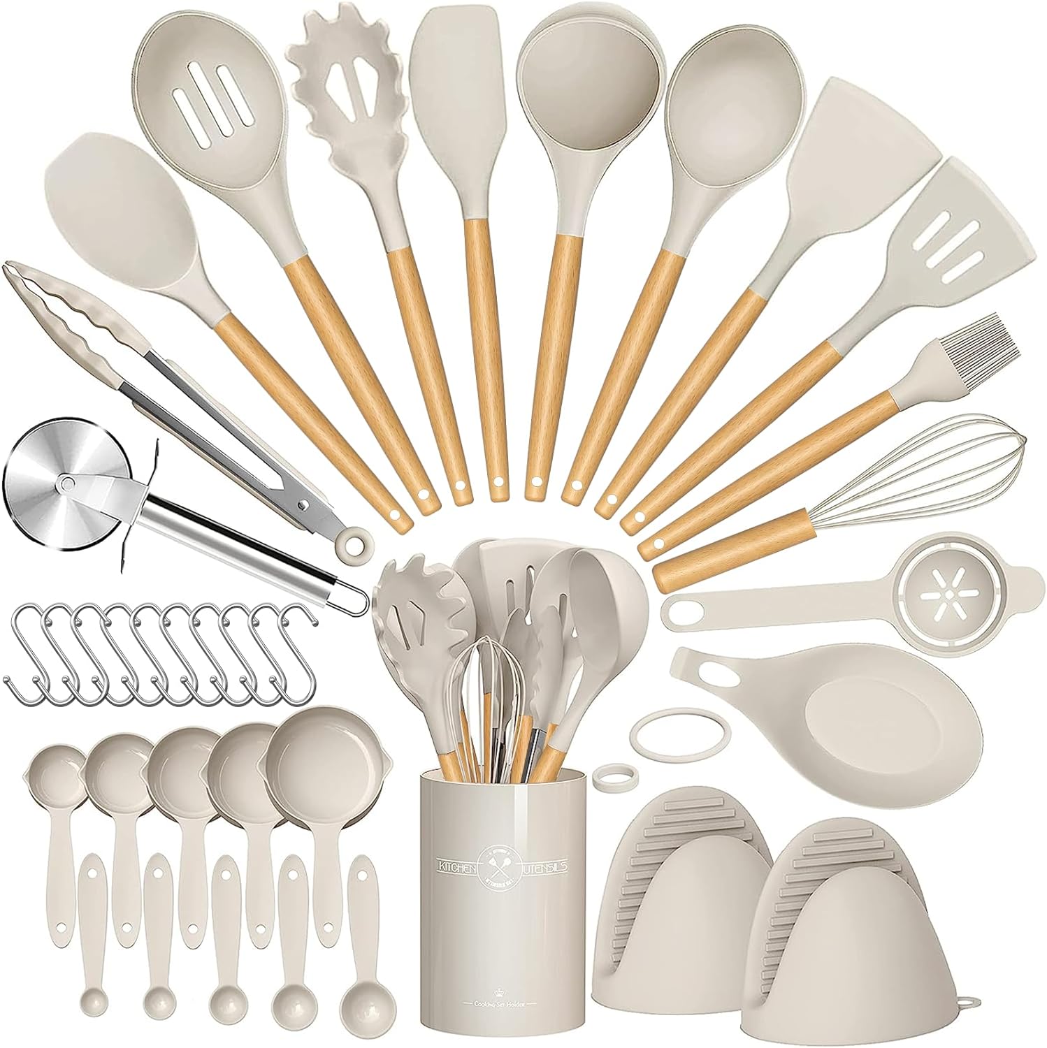 Umite Chef 36pcs Silicone Kitchen Cooking Utensils with Holder, Heat Resistant Cooking Utensils Sets Wooden Handle, Khaki Nonstick Kitchen Gadgets Tools Include Spatula Spoons Turner Pizza Cutter