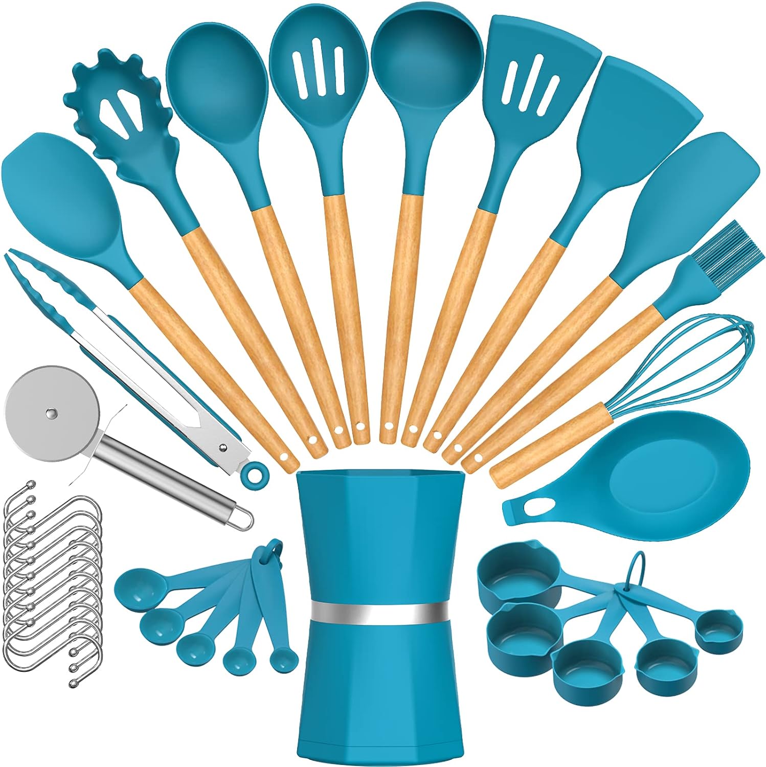 Silicone Cooking Utensil Set, Umite Chef Kitchen Utensils with Stainless Steel Handle, 34 Pcs Kitchen Spatula Set, Non-stick Heat Resistant Silicone, Best Kitchen Gadget Tools Set - Blue