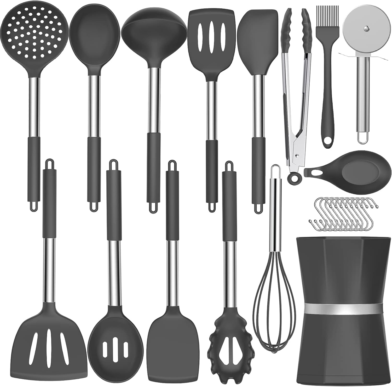 26 pcs Kitchen Cooking Utensil Set, Umite Chef Silicone Kitchen Utensils with Stainless Steel Handle, Heat Resistant Kitchen Spatula Set for Non-stick Cookware, Best Kitchen Gadget Tools Set - Grey