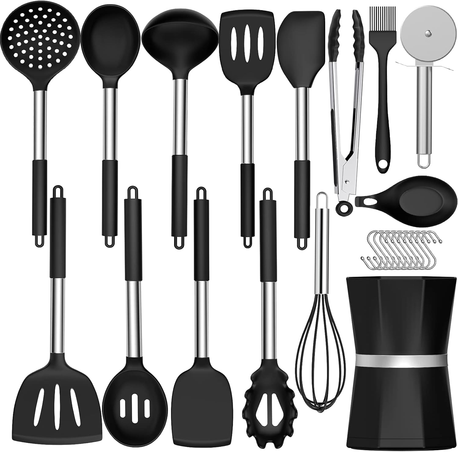 Silicone Cooking Utensil Set, Umite Chef Kitchen Utensils with Stainless Steel Handle, 26 Pcs Kitchen Spatula Set, Non-stick Heat Resistant Silicone, Best Kitchen Gadget Tools Set - Black(BPA Free)