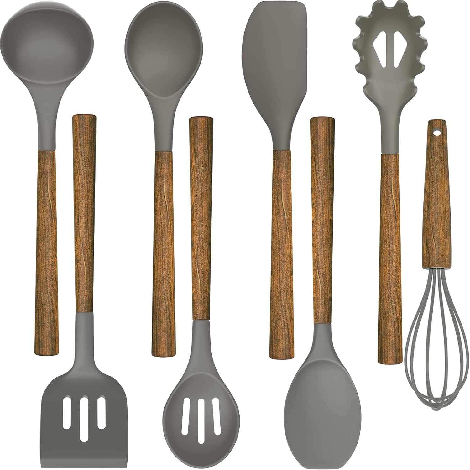 Umite Chef Silicone Cooking Utensil Set, 8-Piece Kitchen Utensils Set with Natural Acacia Wooden Handles,Food-Grade Silicone Heads-Silicone Kitchen Gadgets and Spatula Set for Nonstick Cookware - Grey