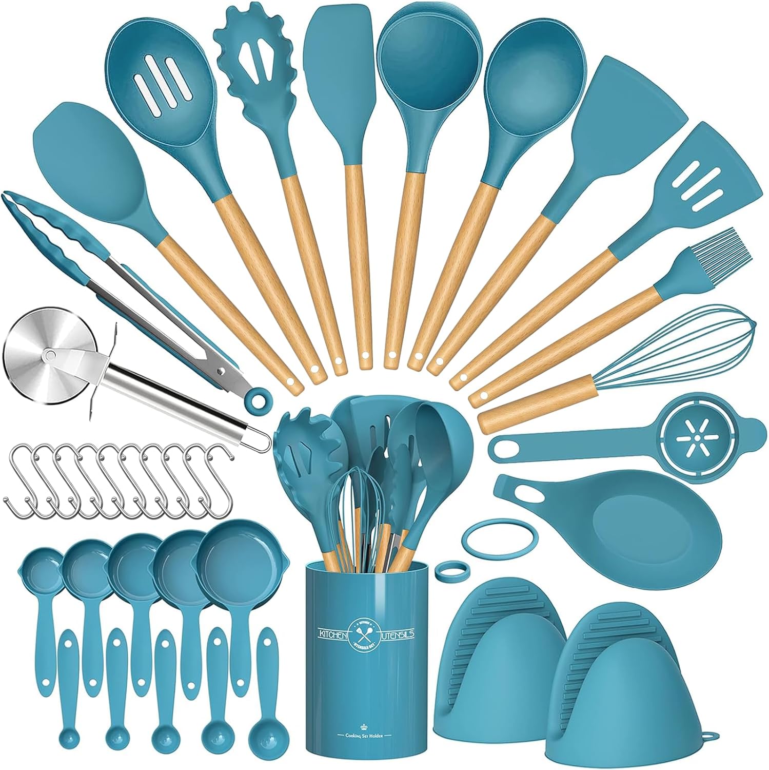 Umite Chef 36pcs Silicone Kitchen Cooking Utensils with Holder, Heat Resistant Cooking Utensils Sets Wooden Handle, Nonstick Kitchen Gadgets Tools Include Spatula Spoons Turner Pizza Cutter(Blue)