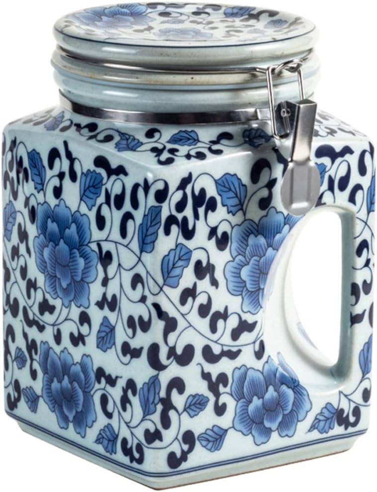 Zerodeko Ceramic Cookie Jar White and Blue Porcelain Kitchen Canister 1.5L Airtight Ceramic Tea Canister With Wooden Lid Marble Pattern Food Storage Jar For Tea Sugar Beans Coffee