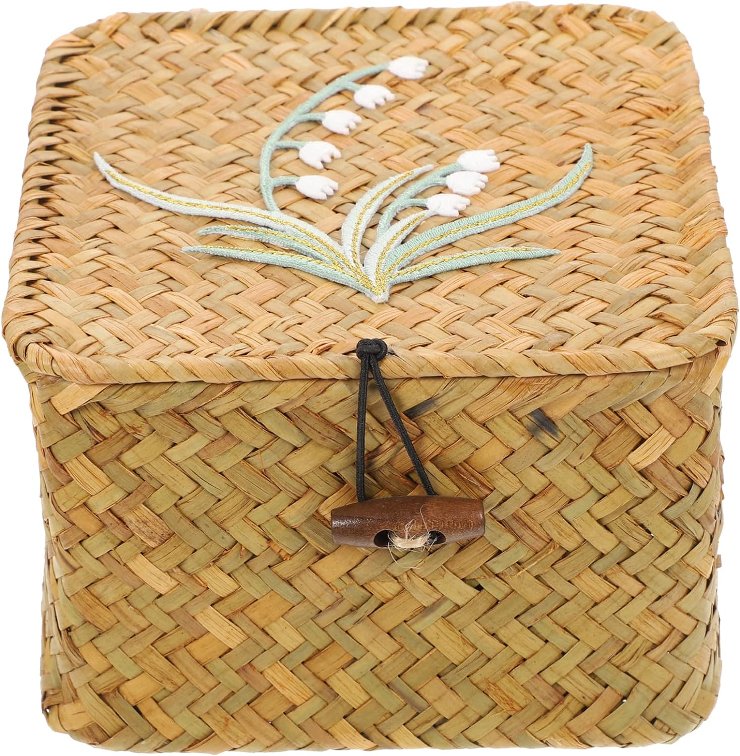 Zerodeko Seagrass Weaving Storage Box Wicker Storage Baskets Wicker Cubes Rattan Shelf Basket Cube Storage Square Embroidery Pattern Baskets Handwoven Organizer with Lid S